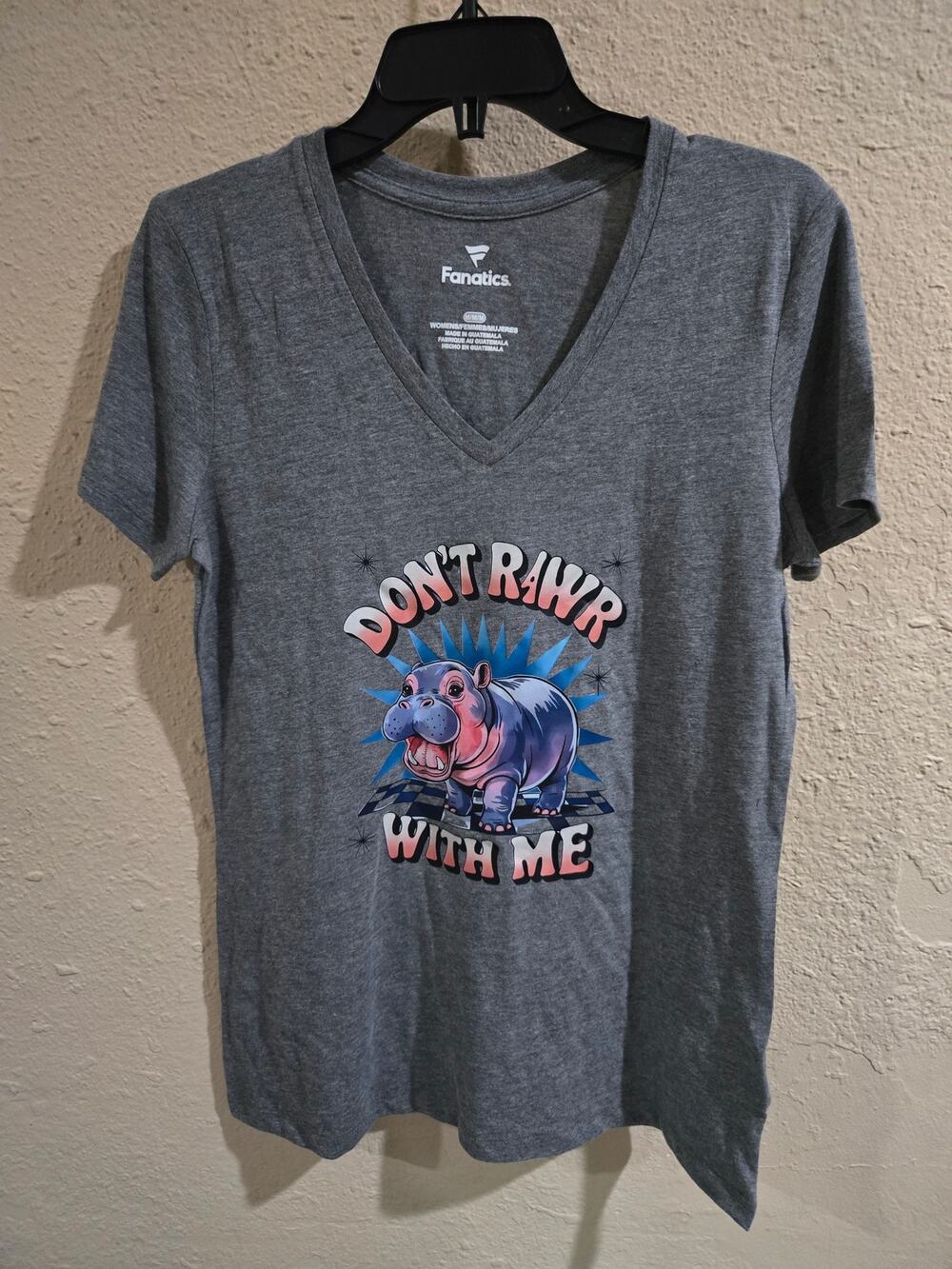 Don't Rawr With Me Hippopotamus Fanatics Tee Shirt, Grey, Women's Size Medium